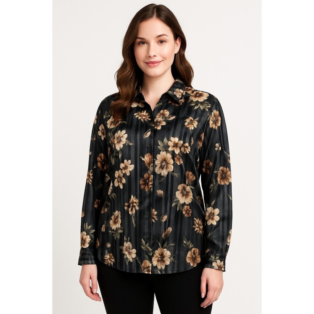 BonWorth Floral XL Semi Sheer Black Brown Long Sleeve Classic Blouse